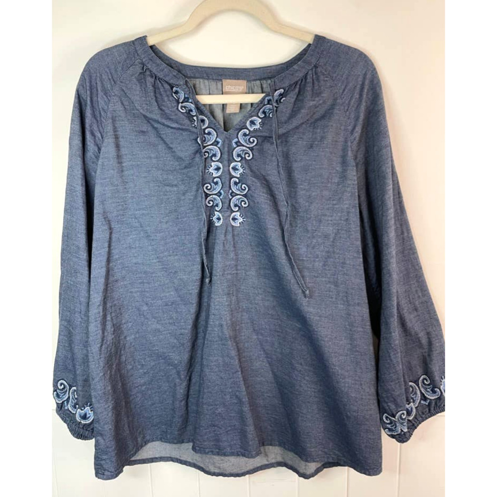 Chico's 1  Chambray Embroidered Bohemian Beach Top Blouse Size Medium C33